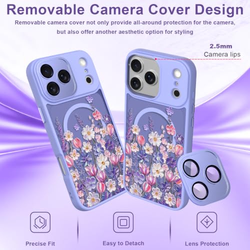 Image of Magnetic for iPhone 17 Pro Max Case for Women Girls, Purple Floral | Cute Oil Painting Flower Pattern Design [Compatible with MagSafe] [Full Camera Protection] Translucent Slim Shockproof Cover