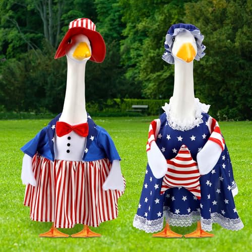 Realspring 2 Set Porch Goose Outfit 23" Patriotic Cement American Flag and Star Goose Clothes Costume for Veterans Day 4th of July Yard Lawn Outdoor Garden Decor