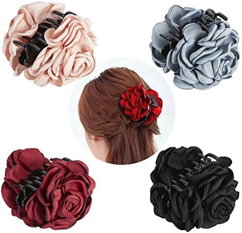 4 Pack Large Black Burgundy Red Butterfly Octopus Ribbon Silk Chiffon Rose Flower Bows Plastic Hair Claw Clips Floral Jaw Barrettes Grips Clamps Twist Hair Up Fancy Accessories for Women Girl