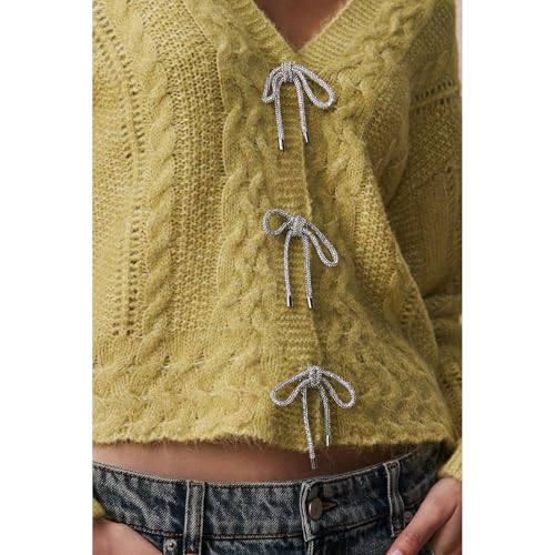 Image of Women Y2K Solid Color Knit Cardigan Long Sleeve V Neck Bow Button Open Front Sweater Top Vintage Going Out Knitwear