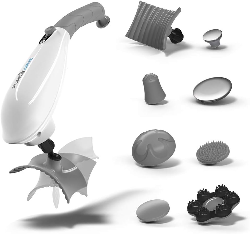PADO PUREWAVE™ CM-07 White/Grey Dual Motor Percussion + Vibration CM-07 Massager with 8 Attachments White/Grey