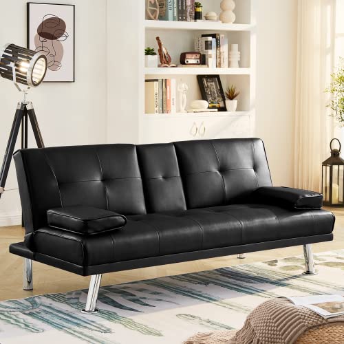 Awqm Faux Leather Futon Sofa Bed Upholstered Modern Convertible Sofa Bed Small Couch Bed Adjustable Couch Sleeper For Compact Living Space, Removable Armrests, Metal Legs, 2 Cupholders, Black #TOP14