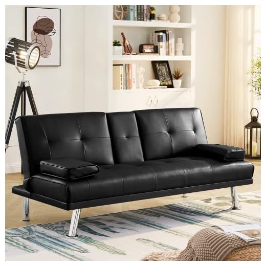 AWQM Faux Leather Futon Sofa Bed Upholstered Modern Convertible Sofa Bed Small Couch Bed Adjustable Couch Sleeper for Compact Living Space, Removable Armrests, Metal Legs, 2 Cupholders, Black