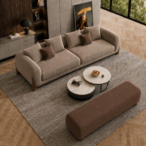 Image of Modern Boucle Sofa for Living Room Bedroom Reception and Office Wooden Polished Leg Sofa for Living Room (Coffee Brown & Taupe, 3 Seater + Bench)