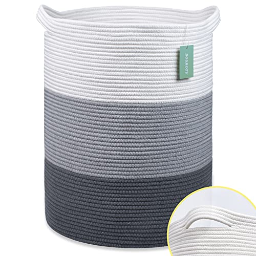 Image of Cotton Rope Blanket Basket, 72L Tall Laundry Hamper, White & Gray | 16 inchx 22 inch, Large Collapsible Woven Nursery Hamper with Sturdy Handles for Clothes Toys Towels, Bedroom Living Room Bathroom