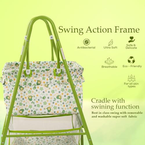 Image of BAYBEE Clora Baby Cradle and Swing with Mosquito Net | Jhula Palna for Newborns | 360 Rotating Lockable Wheels & Storage Basket | Green