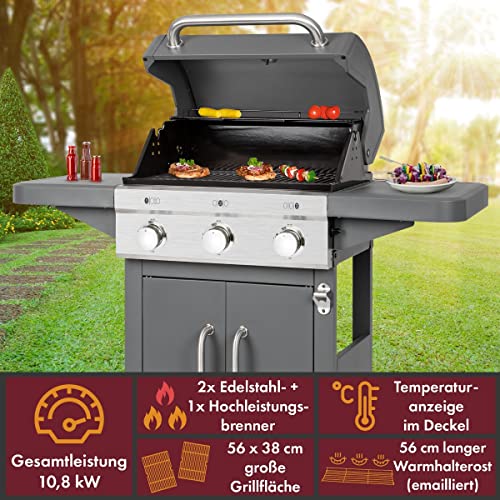 Foto von ProfiCook Gasgrill mit 3 Zonen inkl. Hochleistungsbrenner (bis 450°C), Grill mit 2 gusseisernen Grillrosten und Flaschenöffner, Grillwagen mit Ablage u. Gehäuseschrank für 5kg-Gasflasche - PC-GG 1256