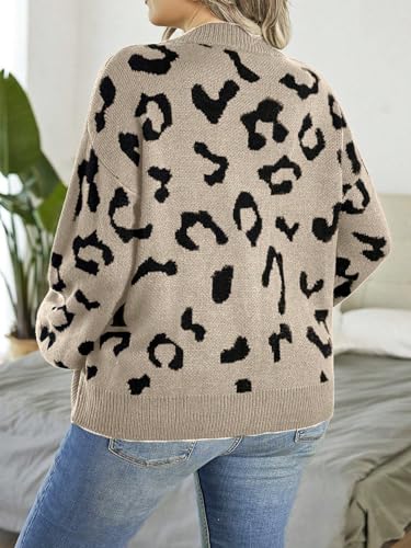 Image of Verdusa Women's Plus Size Cardigan Sweaters Open Front Button Down Leopard Cardigan Long Sleeve Oversize Winter Outfit Apricot Large Plus