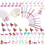 Flamingo Party Favors Supplies for Kids- Flamingo Bracelets Rings Necklaces Keychains Hair Clips Stickers Gift Bags Flamingo Birthday Supplies Goodie Bags Filler-84 PCS