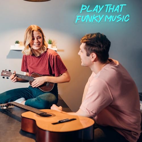 Image of Play That Funky Music Neon Sign for Wall Decor, Dimmable Blue Letter Neon Light, USB Powered LED Light Sign for Bedroom Club Party Bar Men Cave Music Room