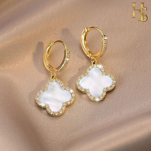 Huggie Hoop Clover Earrings for Women | Mother of Pearl Clover Dangle Hoop Earrings | Lovely Gift4