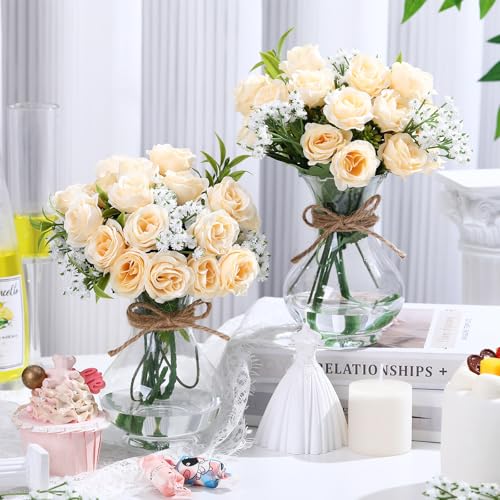 Acellegic 6 Sets Mason Jar Table Centerpiece with Artificial Roses Baby Breath Flowers Bouquet Faux Flowers with Vase Floral Arrangements Decor for Wedding Bridal Shower Home(Champagne) by Acellegic - Image 3