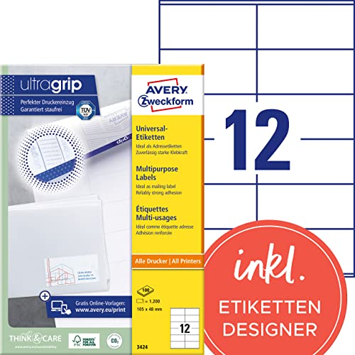 Preisvergleich Produktbild AVERY Zweckform 3424 Adressaufkleber (1.200 Klebeetiketten, 105x48mm auf A4, Papier matt, individuell bedruckbare Absenderetiketten, selbstklebende Adressetiketten mit ultragrip) 100 Blatt, weiß