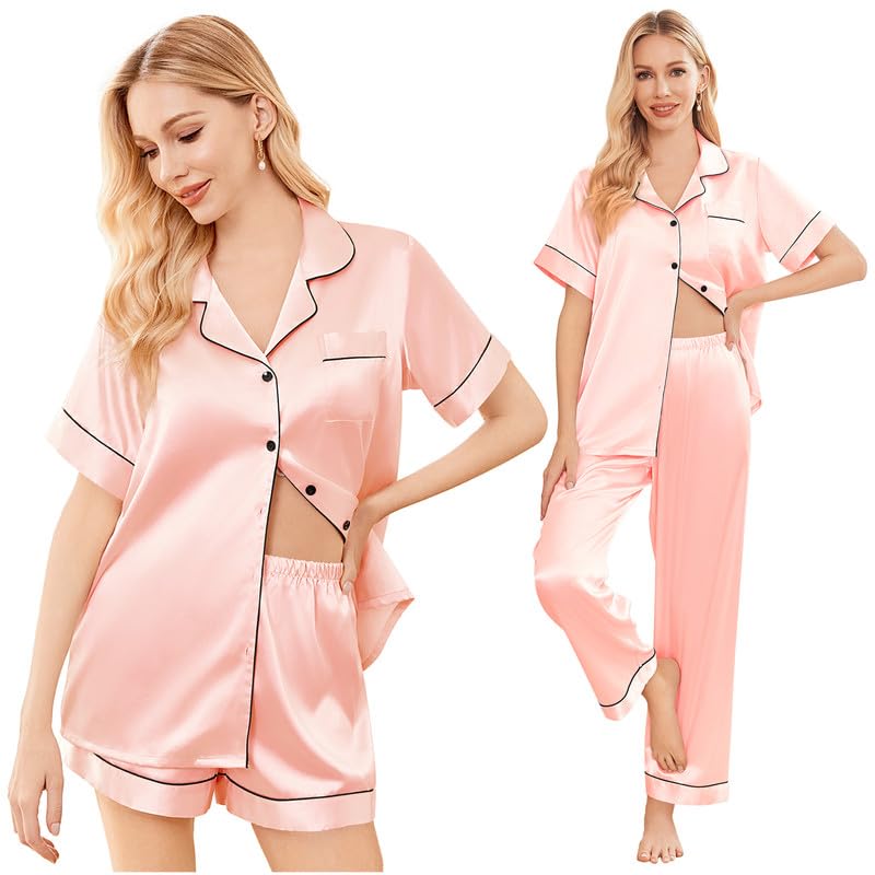 Image of Ekouaer Silk Pajamas for Women Set Satin Soft Short Sleeve Button Down Pjs