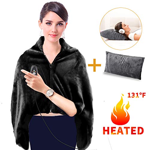 GMAYOO USB Heated Warm Shawl, Plush Heated Throw Blanket with Pillowcase, Heated Cape Heating Lap Blanket as a Pillow, Electric Flannel Blanket