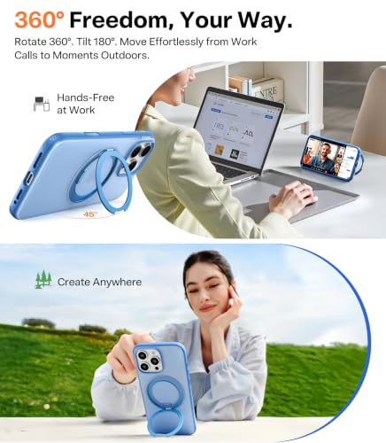 Image of TORRAS 360 Magnetic Stand for iPhone 16 Pro Case, [Fit for MagSafe] [360 Rotating Kickstand] 4X Mil-Grade Shockproof, Camera Control Button, Slim, Translucent Sky Blue 6.3 inch, O3 Fitness Series