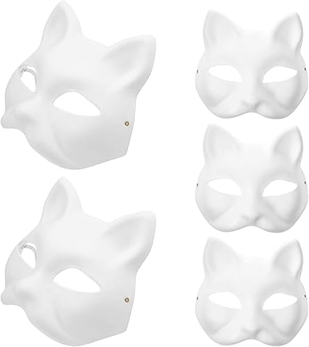 5 máscaras de gato blanco para bricolaje, pintables, medio animal, máscaras lisas para disfraces de Halloween, accesorios para niños, recuerdos de