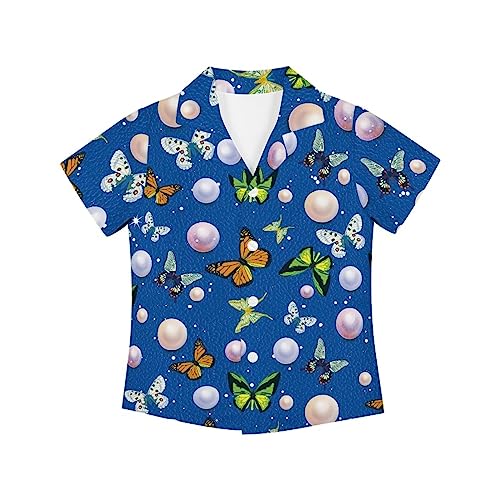 Butterfly Blue Print Little Boy Button Down Shirt Kids Beach Collared Tropical Hawaiian Shirts Woven Boy Button Up Shirt