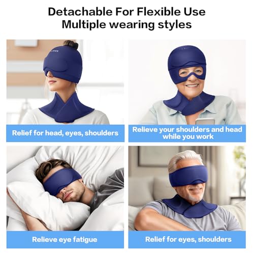 Image of Migraine Relief Cap and Neck Ice Pack Wrap with Ice Eye Masks,3 in 1 Detachable Hot and Cold Therapy Headache Relief Cap for Headaches, Stiff Neck,Eye Fatigue, Tension and Pain Blue