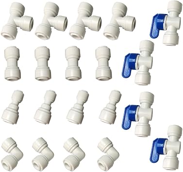 20pcs 3/8 inch water line Quick Connect Push In to Connect Tube Fitting for RO Reverse Osmosis Water Filter Tube Fittings. Ball Valve + tee + elbow + straight + reducing union