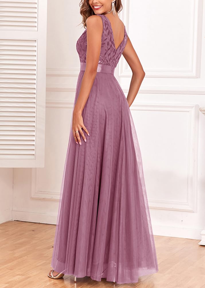 ORANDESIGNE Vestito da Sera Elegante Donna Lungo Vestiti Paillettes in Tulle Chiffon Abito Damigella d'Onore Vita Alta Formale Maxi Abiti da Cerimonia Linea ad A Stile Impero