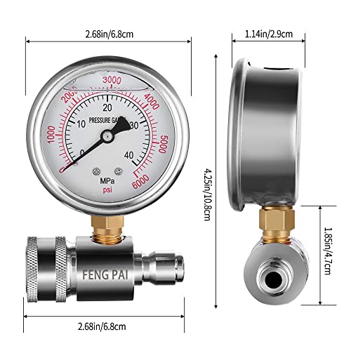 Pressure Washer Gauge - 6000 Psi, 3/8 Inch Quick Connect Socket And Plug Hydraulic Pressure Gauge, Liquid Filled/Fuel/Water Pressure Gauge For Power Washer #TOP5