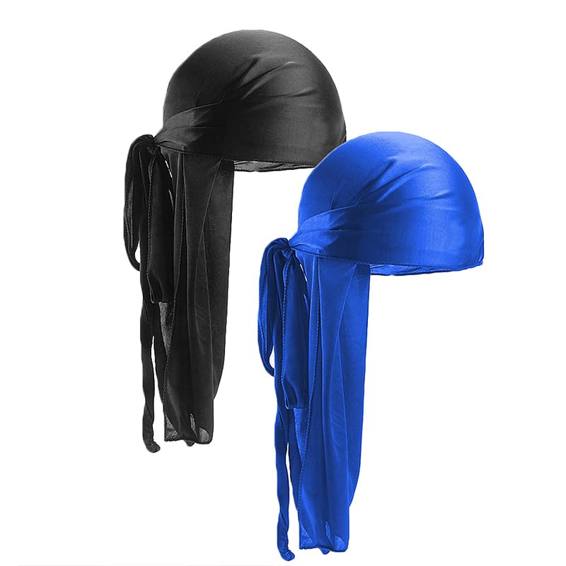 2PCS Unisex Men Women Satin Breathable Silky Durag Long Tail Doo Rag Pirate Hat Headband Turban Bandana Durag