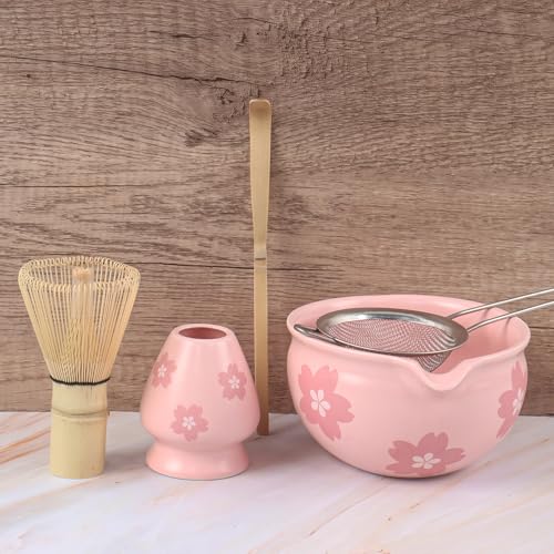 Kit de thé et matcha rose avec bol et fouet en céramique - 4