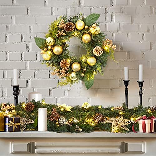 Adeeing 18 Inch Christmas Wreath with 15 LED Lights, 45cm Gold Front Door Pre-lit Garland with Christmas Baubles Berries Pine Cones for Door Wall Window Fireplace Decoration