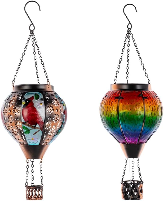 DREAMSOUL Hot Air Balloon Solar Lantern with Flickering Flame + Hot Air Balloon Solar Lantern with Candle Holder, for Patio Yard Tree Decor