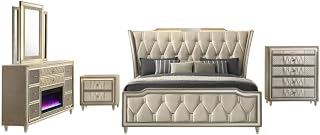 Pemberly Row 5-Piece Velvet Queen Bedroom Set, Camel and Ivory Finish, LED Wingback Bed, USB Nightstand, Fireplace Dresser, Mirror, Chest, Tempered Glass Tops, Plush Coordinated Glamorous Design