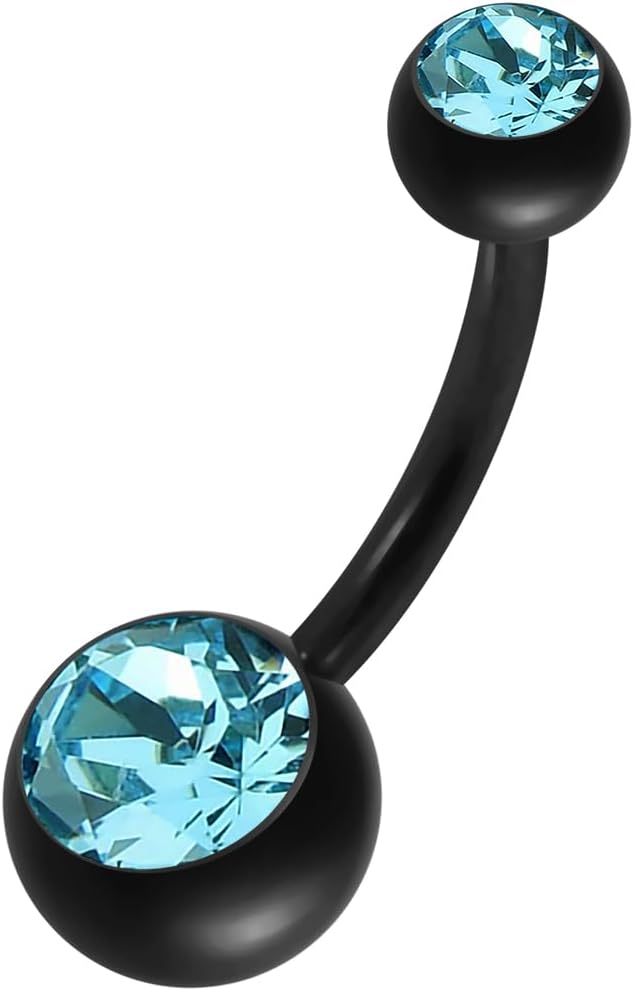 Double Crystal Stone Black Anodized 316L Surgical Steel 14 Gauge Belly Ring - Belly Button jewelry - Navel jewelry - Black Anodized Navel Ring