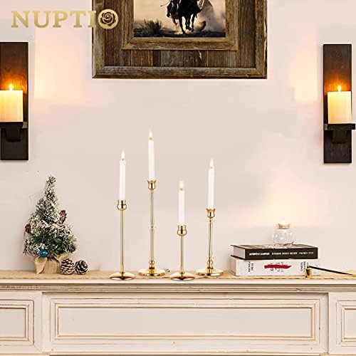 Nuptio Gold Candle Holders for Candlesticks - Set of 4 Brass Candlestick Holders for Taper Candles Table Dinner Elegant Candle Stick Stands for Wedding Party Anniversary Dinning Mantel Decorations