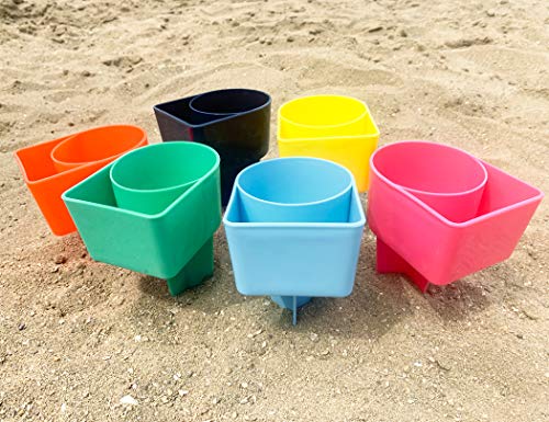 Home Queen Beach Cup Holder With Pocket, Multifunctional Sand Cup Holder For Beverage Phone Sunglass Key, Beach Accessory Drink Sand Coaster, Set Of 6 (Navy, Teal, Yellow, Orange, Blue And Pink) #TOP5