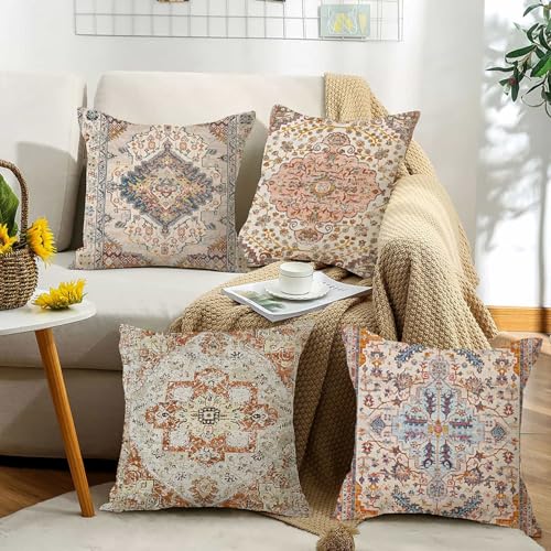 Boho Kissenbezug 45x45 cm Orange Braun 4er-Set , Weicher Samt Boho Cushion Covers Kissen Zierkissenbezüge Zierkissen Sofakissen Orientalische Home Deko für Wohnzimmer Sofa Schlafzimmer Dekokissen