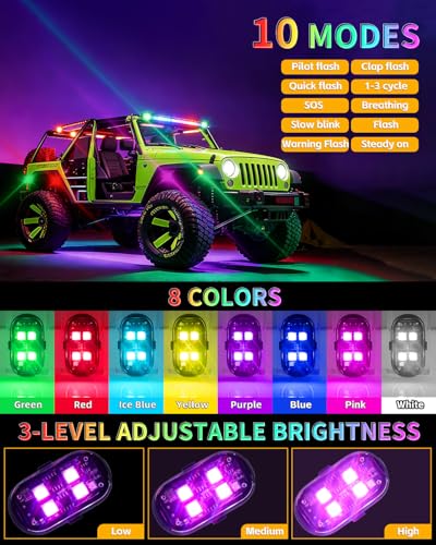 GSOWO Upgraded 4PCS Wireless LED Strobe Lights for Car, 8 Colors Lights | Remote Control, Type-C charging Warning Light for Car Interior Motorcycle Drone Bike Decor — view 4