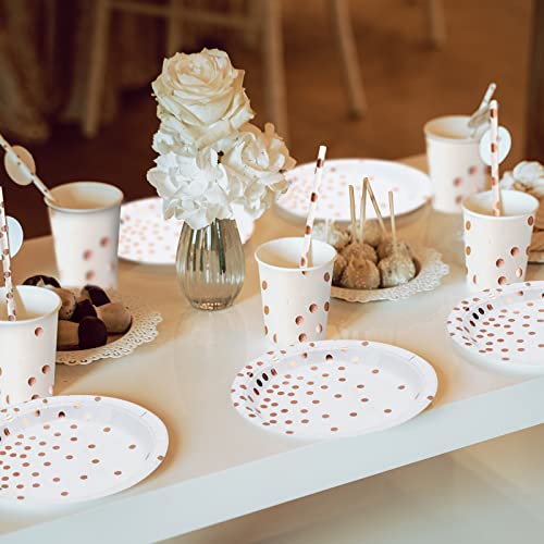 300Pcs Rose Gold Paper Party Supplies - Disposable Paper Plates Dinnerware Set Rose Gold Dots 50 Dinner Plates 50 Dessert Plates 50 Cups 50 Napkins 50 Straws 50 Balloons Birthday Party Wedding Holiday #TOP5