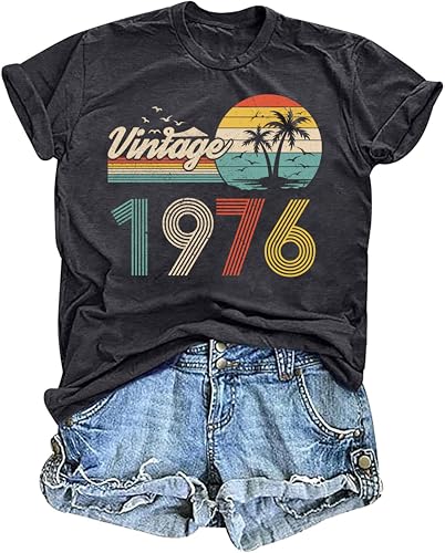 Image of 50th Birthday Gift for Women Vintage 1975 T Shirts Retro Graphic Birthday Shirt Casual Letter Print Short Sleeve Tee Tops