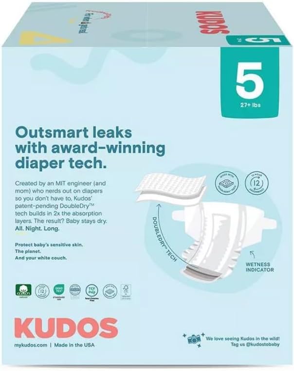 Kudos Chlorine Free Premium Diapers, Cotton-Lined, Size 5, 44 Count - (27+lbs)