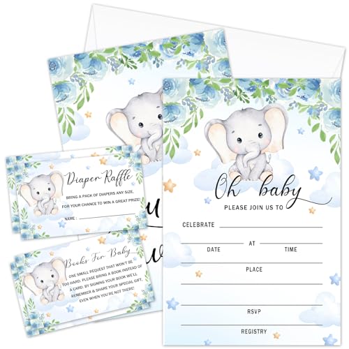 Blue Floral Elephant Baby Shower Invitations Kit with Envelopes, 25 Set Baby Shower Invites & 25 Diaper Raffle Tickets & 25 Baby Shower Book Request...