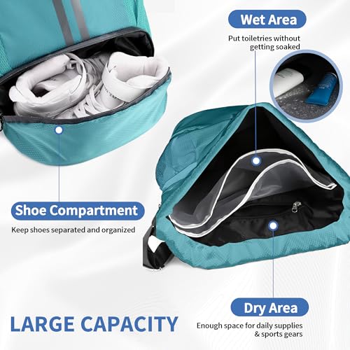 Image of JELUTAR Drawstring Backpack Gym Bag with Shoes Compartment, Teal | Water-Resistant String Backpack for Soccer, Basketball, Swim, Beach Cinch for Women Men, 22 L Large Capacity, Wet Pocket