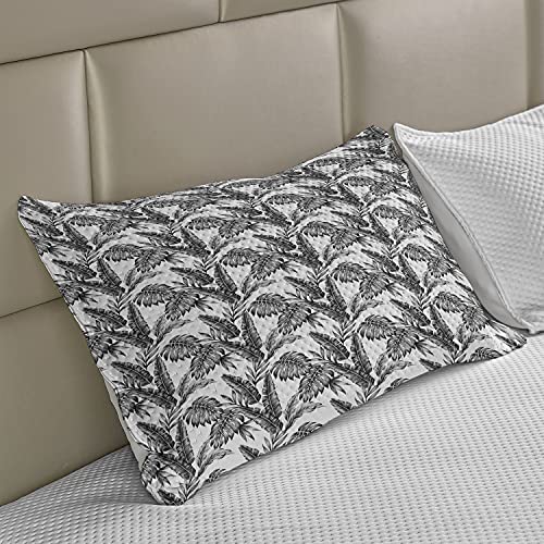 Ambesonne Jungle Quilted Pillowcover Set Of 2, Monochrome Tropical Plants Palm Monstera Banana Leaves Island Nature Theme, Standard Queen Size Pillow Sham For Bedroom, 30" X 20", Black Grey White #TOP30