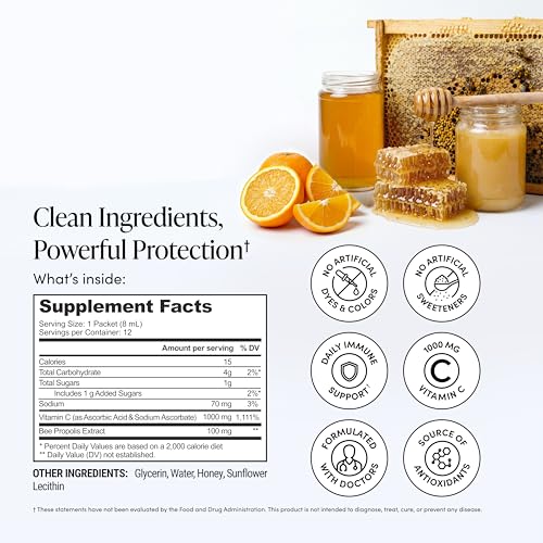 Image of Beekeeper's Naturals Liposomal Vitamin C (1000mg) + Propolis Packets, 12 Ct | Propolis & Honey, Supercharged Immune Support, Increased Bioavailability for Max Absorption