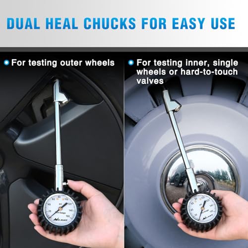 Image of Nilight Tire Pressure Gauge 160PSI Heavy Duty Stainless Steel Dual Head Air Pressure Chucks ANSI B40.1 Certified Large 2 inch Dial Wheel Checker for Truck Semi Truck ATV Motorhome Cars & RV Accessories