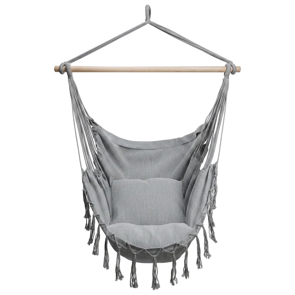 BOGATECO Sedia Amaca Sospesa con 2 Cuscini | con Supporto in Legno | Portata 150 kg | Perfetto per Interno & Esterno | a Casa, Patio, Cortile e Giardino | Grigio Scuro