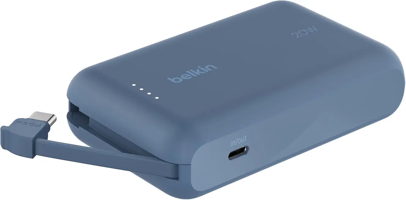 Belkin BoostCharge Power Bank, Portable Powerbank 10000mAh mit integriertem Kabel, PD 20 W – USB-C Power Delivery zum Schnellladen von Geräten wie der iPhone 16-Serie, iPad Pro und Galaxy S24