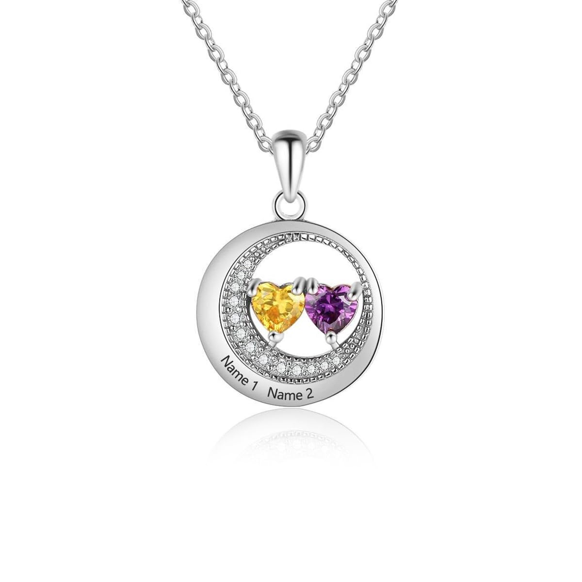 LONAGO Collar personalizado de dos nombres de plata de ley 925 grabado con dos nombres con colgante de piedra natal para mujer