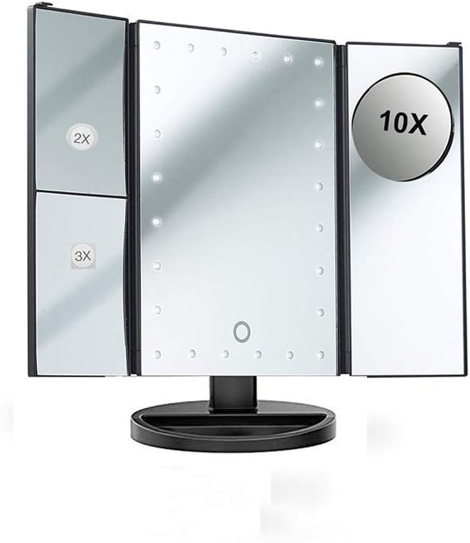ADOV Illuminated Makeup Mirror 1X/ 2X/ 3X/ 10X Magnification Tri-Fold Vanity Mirror 24 LED Lights - Black