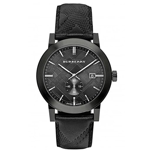 Burberry Herren-Armbanduhr BU9906 analog, 42 mm, schwarzes Lederband, Edelstahl-Gehäuse und synthetisches Saphirglas, Quarzwerk