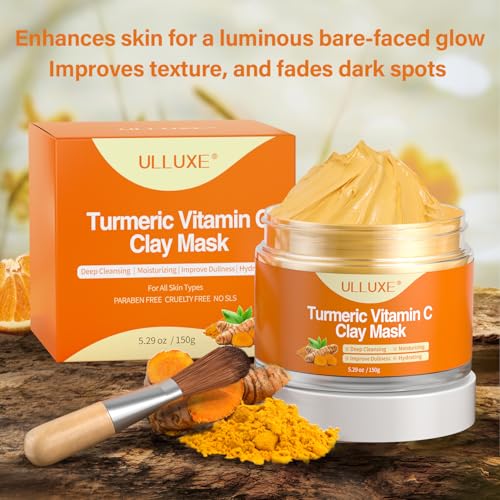 ulluxe Turmeric Vitamin C Clay Mask for Dark Spots, Dull Skin, Moisturizing, Skincare Facial Mask for Blackheads and Pores Cleansing, Improve Uneven Skin Tone, Face Skincare Gift, 5.29 oz